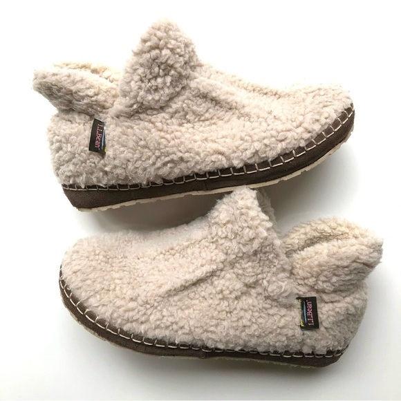 L.L. Bean teddy bear sherpa cozy slipper booties pile fleece - Picture 1 of 11